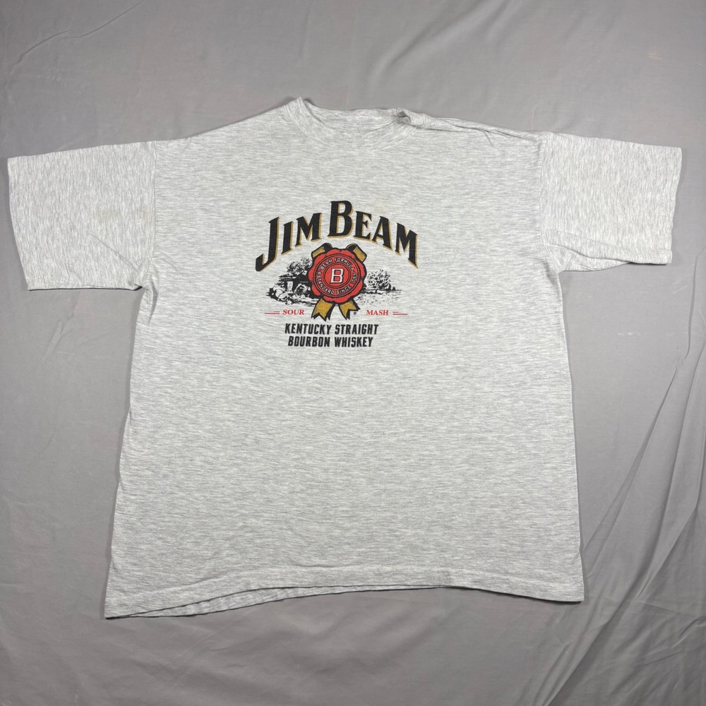 Jim Beam Bourbon Whiskey Vintage Graphic T-Shirt Mens Large Heather Gray Cotton
